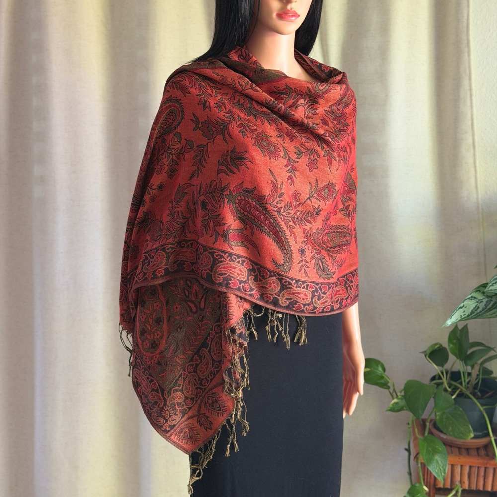 Pashmina Silk Paisley Shawl Wrap Scarf Red Black Gold Fringed Boho Large Earthy